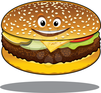 Cartoon cheeseburger with a happy smile and a ground beef patty, melted cheese, lettuce and tomato on a sesame bun isolated on white