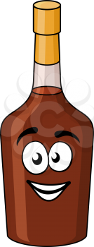 Cartoon bottle of alcohol or liqueur with a gold seal and brown liquid and a happy smiling face isolated on white