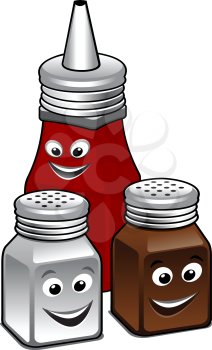 Condiments icon with a salt and pepper set and bottle of tomato ketchup with smiling happy faces , cartoon illustration isolated on white