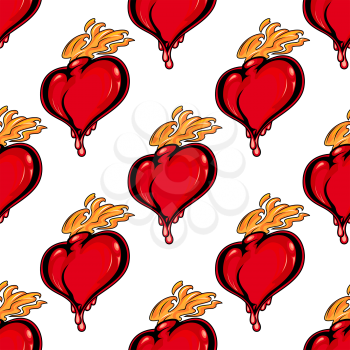 Cartoon vector illustration of a seamless pattern with red romantic hearts on fire with passion and desire suitable for wallpaper or fabric or as a background for a Valentines greeting card