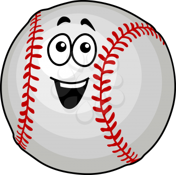 Cartoon vector illustration of a fun happy baseball ball with colourful red stitching and a smiling face isolated on white