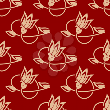 Pretty flowing repeat floral pattern in a seamless design on a red background, square format vector illustration