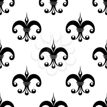 Vintage fleur de lys pattern in black and white with unusual ornate motifs arranged in a seamless pattern suitable for tiles, wallpaper and fabric, square format