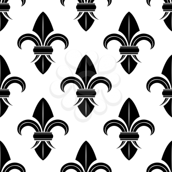 Black and white fleur de lys pattern with a stylized spatulate vintage style motif in a repeat seamless pattern in square format