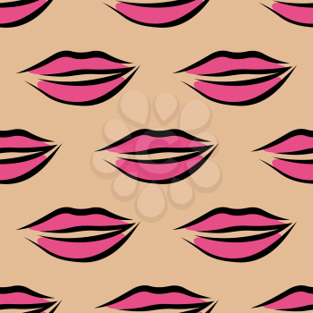 Repeat seamless pattern of sexy pink slightly parted female lips on a beige background in square format, vector cartoon illustration