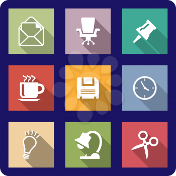 Office icons or buttons on coloured backgrounds depicting mail, thumb tack, coffee, clock, disk, scissors, lightbulb, lamp and a swivel chair