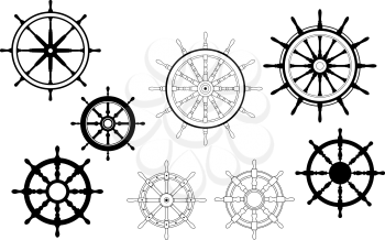 Collection of different black and white vector designs for nautical ships wheels