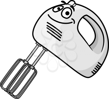Smiling happy portable handheld electrical egg beater with a beater attachment, cartoon illustration