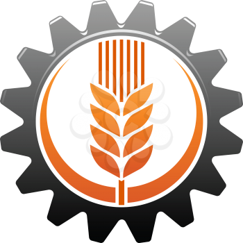 Agriculture and industry icon with a golden ear of ripe wheat enclosed within a toothed gear wheel