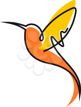 Doodle sketch of a colorful flying hummingbird in yellow and orange with outspread wings and a long curviong beak, side view