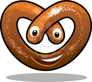 Fun happy curly crisp brown pretzel in a heart shape with a smiling mouth and eyes, cartoon  illustration