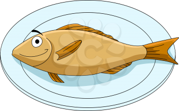 Whole fish served on a platter for a delicious seafood meal, cartoon illustration