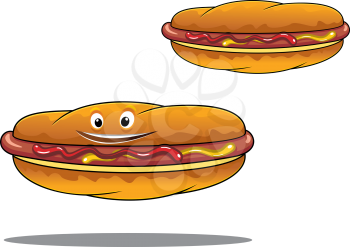 Two hotdogs on crusty rolls seasoned with mustard and ketchup on a grilled sausage, one with a happy face and the other without, fast food or junk food concept design