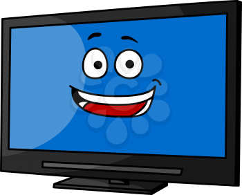 Cheeky smiling cartoon TV or computer monitor with a blue screen and happy face