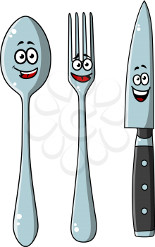 Happy laughing cartoon cutlery set with a knife, fork and spoon with cute little faces, vector illustration