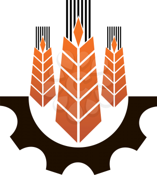 Icon depicting industry and agriculture with three ears of ripe golden wheat above a partial mechanical gear wheel depicting industry
