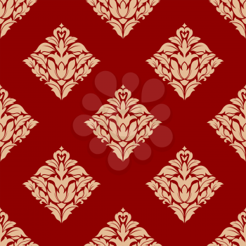 Seamless red and beige arabesque pattern with a diamond lattice and floral motifs in square format suitable for textile and wallpaper