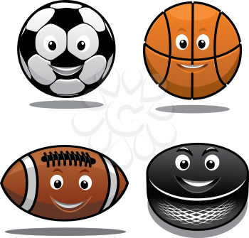 Set of sports equipment icons with a happy smiling soccer ball, basketball, football and hockey puck in cartoon style