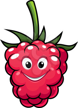 Happy cheeky ripe red cartoon raspberry with a cute grin and green stalk isolated on white