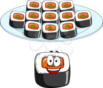 Set of cartoon sushi icons with a plate full of sushi on a buffet or sushi bar and a single smiling larger piece of sushi, isolated on white