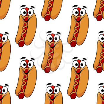 Seamless background pattern of a cheerful hotdog with a frankfurter and mustard dressing for fastfood design