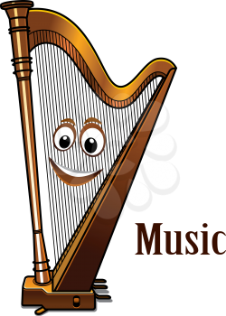 Happy wooden cartoon harp with a smiling face in a Music concept with the word - Music alongside, isolated on white