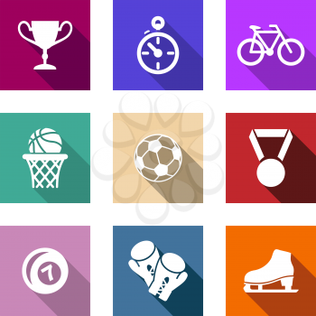 Flat sporting web icons with a trophy, stopwatch, bicycle, basketball, soccer or football, medal, bowls, boxing gloves and ice skate