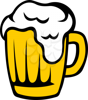 Tankard of golden beer with a frothy head overflowing down the glass isolated on white