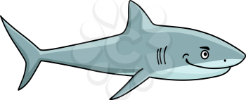 Cartoon smiling ferocious grey shark with an evil grin isolated on white for mascot design