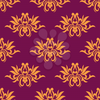 Dainty yellow colored floral seamless pattern with decorative flower elements isolated over maroon background in square format