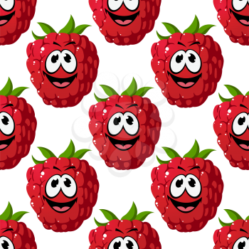 Happy ripe red raspberry seamless pattern with a goofy expression and colorful green stalk, in square format for wallpaper and fabric design