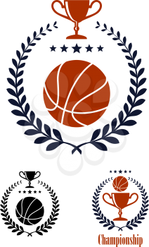 Basketball sporting emblems and symbols with a ball and trophy cup enclosed in a circular laurel wreath with a line of stars, one with the word Championship
