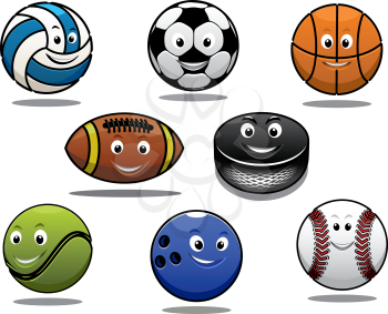 Set of cartoon sports balls equipment with a volleyball, basketball, soccer or football, rugby ball, hockey puck, tennis ball, bowls and baseball