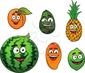 Fresh tropical fruits set wit a happy smiling apricot, avocado, pineapple, watermelon, mango and lime. Cartoon style