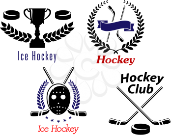 Ice hockey symbols and emblems with ribbons, wreath and sporting elements