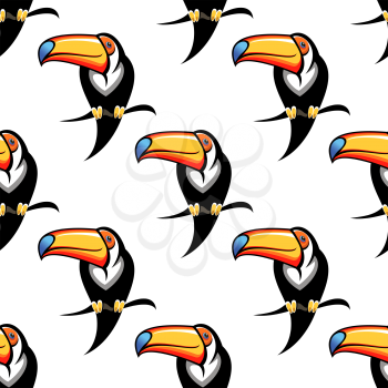 Seamless background pattern of a toucan with a big colorful bill perched on a branch, repeat motif in square format