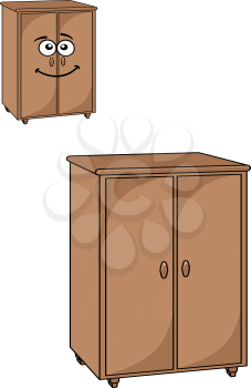 Two rustic wooden cupboards or wardrobes for the bedroom with double closed doors, one plain and the other with a smiling happy face
