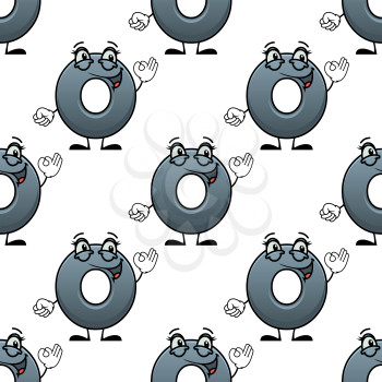 Funny happy waving number zero - 0 - with a cheerful smile and gesturing a naught with his fingers in a seamless background pattern