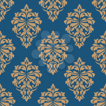 Elegance floral damask seamless pattern with blue background and golden flowers for wallpaper or fabric design