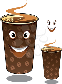 Two cartoon takeaway coffees in mugs decorated with coffee beans and hot steam, one with a happy smiling face and one without and with the smile element separate