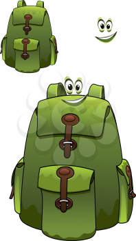 Green rucksack or backpack with a cute grin with a second variant with no face and a separate smile element for travel and tourism design