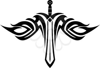 Black and white tattoo of a sharp sword with flowing wings in tribal style