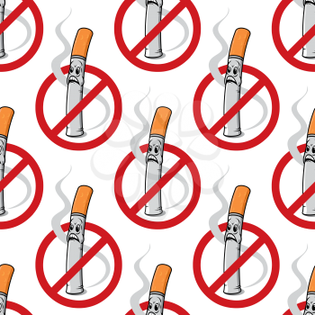 No Smoking seamless background pattern with a cigarette with wafting smoke inside a circular red banned icon in a repeat motif in square format