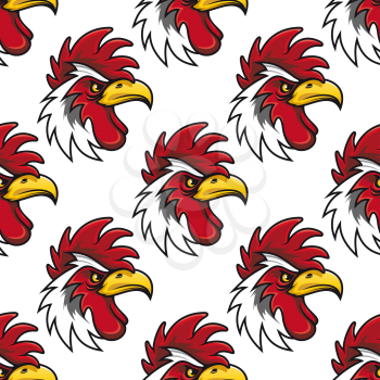 Rooster head seamless background pattern with a fierce curved beak and red comb