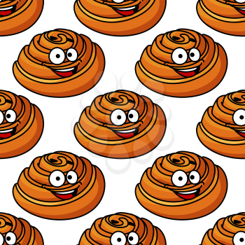 Seamless pattern of happy smiling Danish pastries with a spiral design in a repeat motif in square format