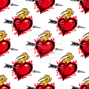 Burning fiery heart pierced by the arrow of love seamless background pattern for Valentines celebrations