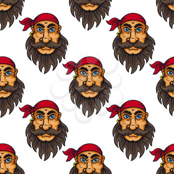 Seamless pattern of a bearded pirate or sailor wearing a red bandanna with repeat motifs in square format for wallpaper and fabric