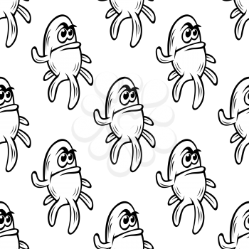 Seamless background pattern of an angry little monster with tentacles with a scowling face and pouting lip