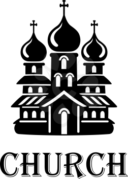 Black and white church icon with the front facade of a church with three onion domes with crosses and the word - Church - below