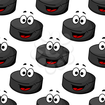 Seamless pattern of a cartoon hockey puck with a big smile and red tongue in square format, vector illustration isolated on white